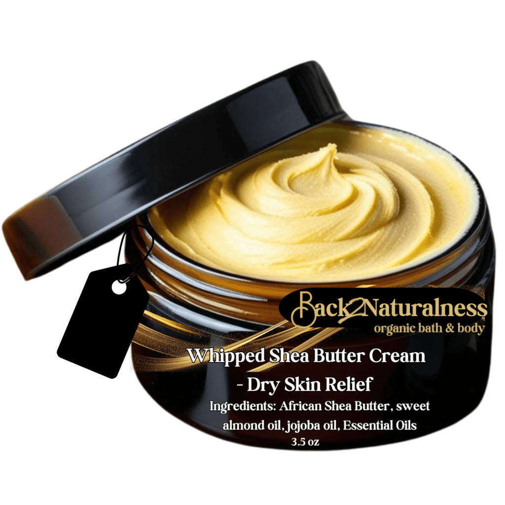 Whipped Ghana Shea Butter for Sensitive Skin in glass jar with wooden scoop on neutral background
