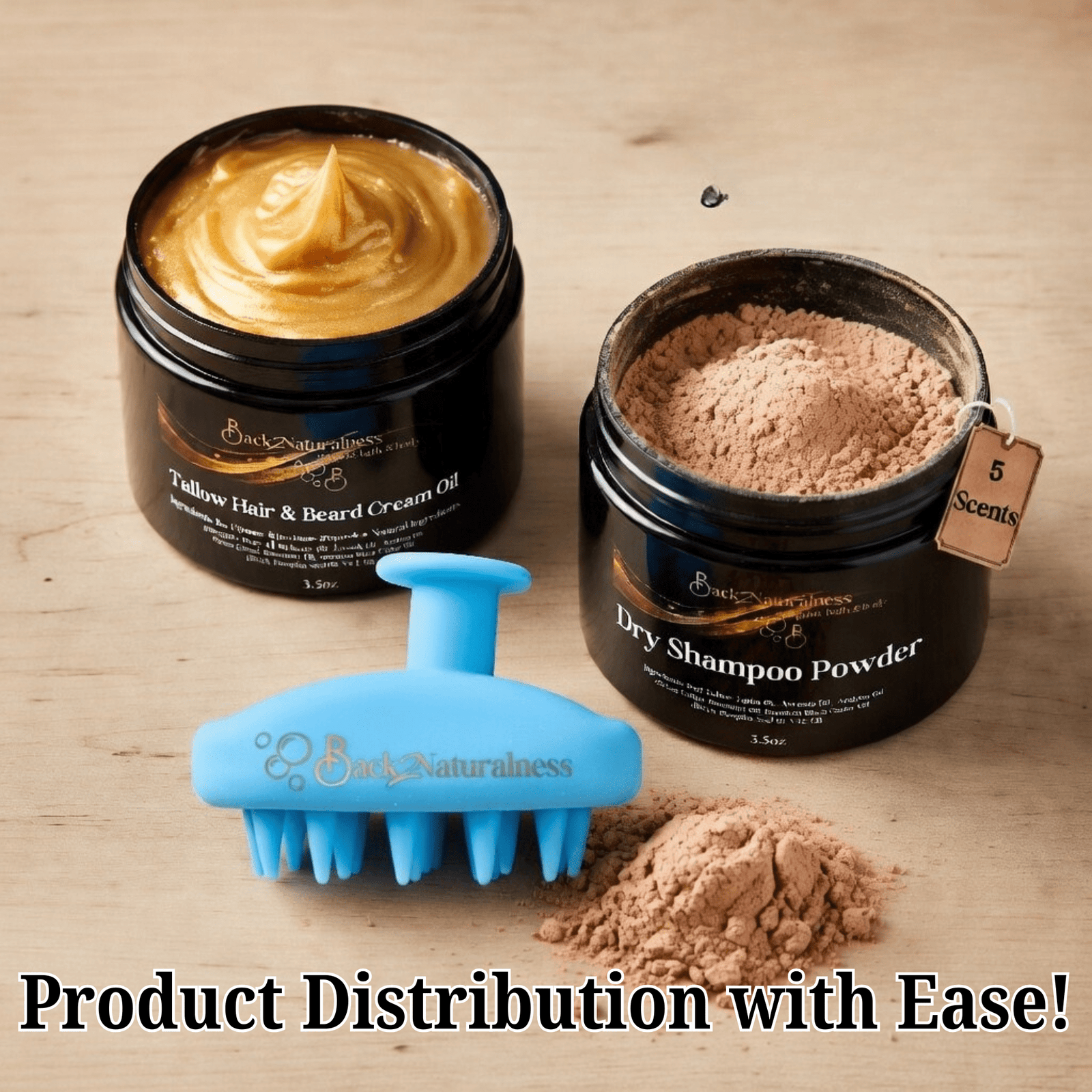 flat lay product image showing Back2Naturalness silicone scalp massager brush alongside Back2Naturalness Tallow Hair Growth Cream Oil and Back2Naturalness Organic Dry Shampoo Powder for Dark Hair