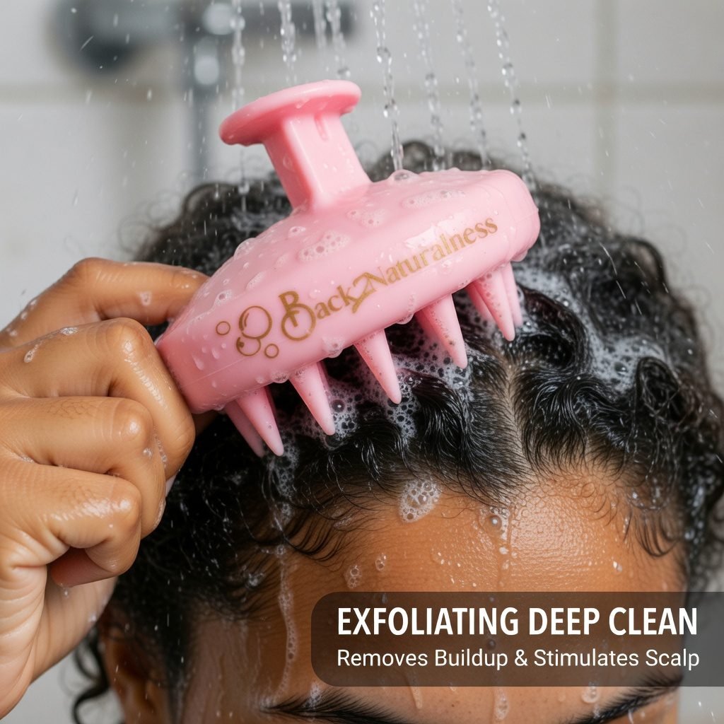woman using Back2Naturalness silicone scalp massager for hair growth while washing hair in shower