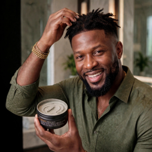 Man with twists holding a tin of Back2Naturalness tallow hair clay
