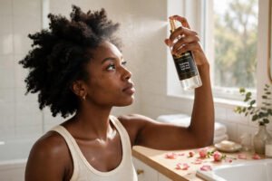 woman with 4c hair misting her scalp, rose petals on the counter. Opens the description.