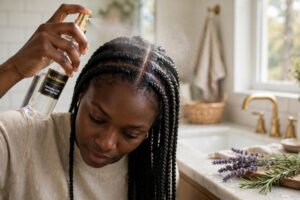 woman with long box braids misting along her part lines, lavender and rosemary sprigs beside her. This is the braids-between-washes shot, and it now sits in the description where the shelf shot was.